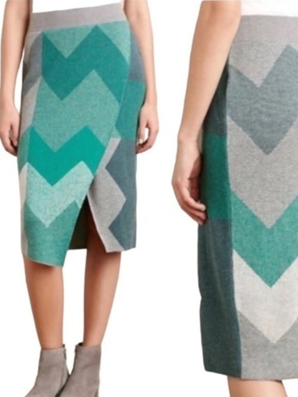 MOTH Anthropologie Chevron textured knit green grey asymmetrical skirt